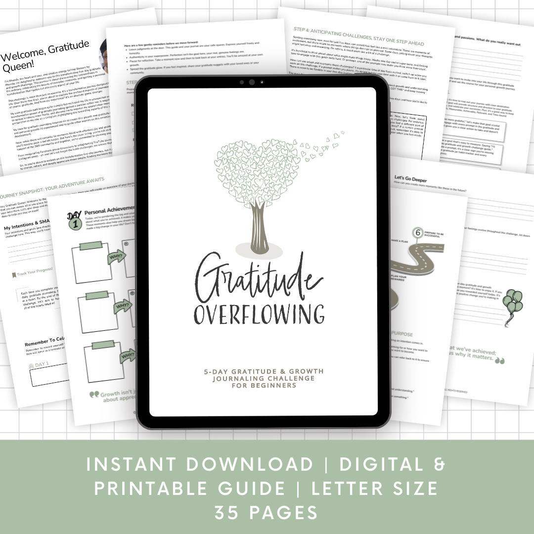 Gratitude Overflowing 5-Day Gratitude and Growth Challenge - Beginner - List-Stye Prompts - Instant Digital and Printable Download Journal