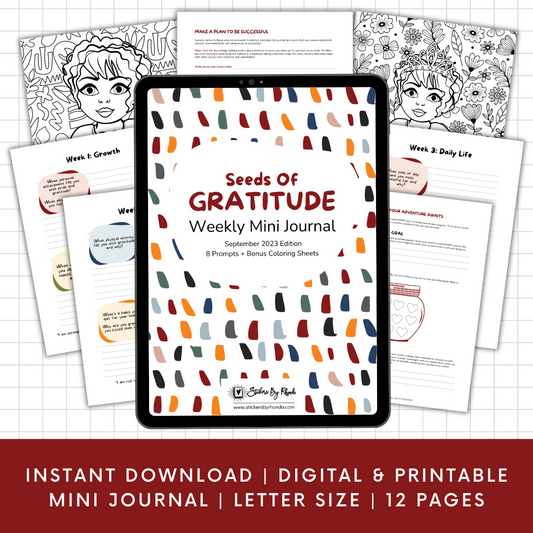 Seeds Of Gratitude 4-Week Mini Journal - September 2023 Edition With Bonus Coloring Sheets - Instant Digital and Printable Download Journal