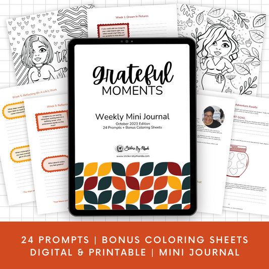 Grateful Moments 5-Week Mini Journal - October 2023 Edition With Bonus Coloring Sheets - Instant Digital and Printable Download Journal